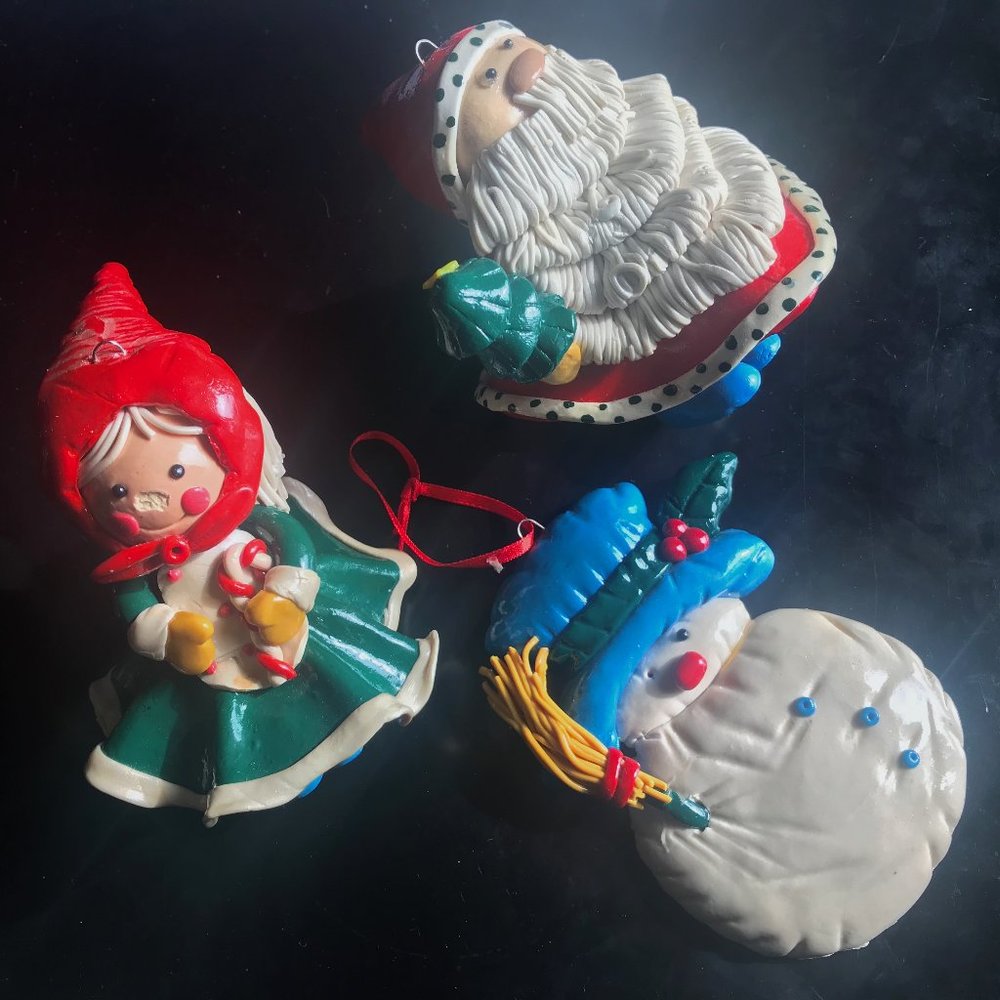 Santa / Mrs. Claus / Snowman Polymer Ornaments x3
